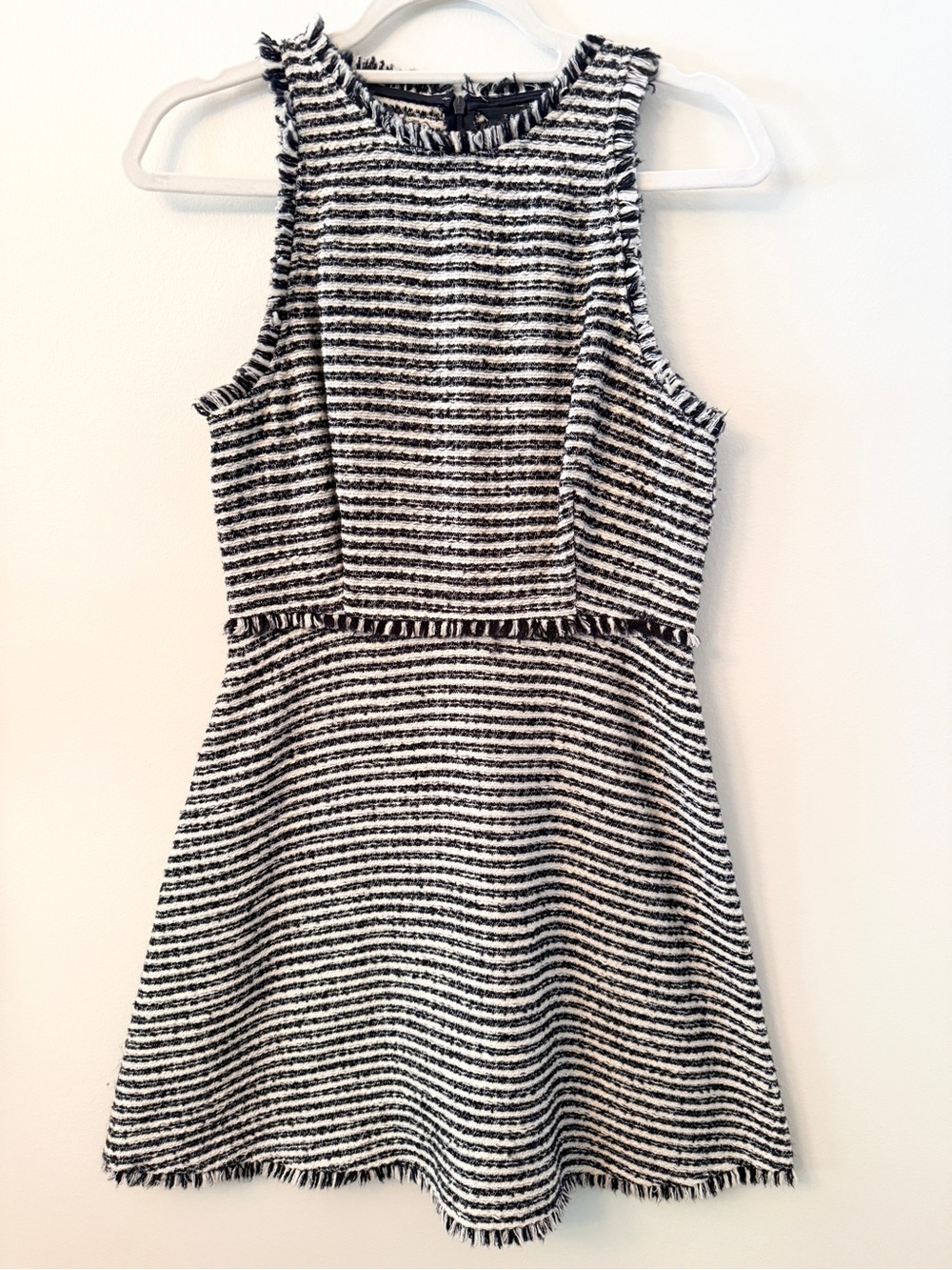 Zara Tweed Stripe Sleeveless Mini Dress Fringe Trim Small